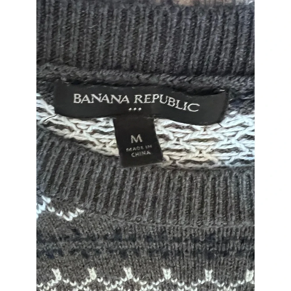 Banana Republic Mens Med‎ Crew Neck Fair Isle Knit Sweater Grey White Wool Blend